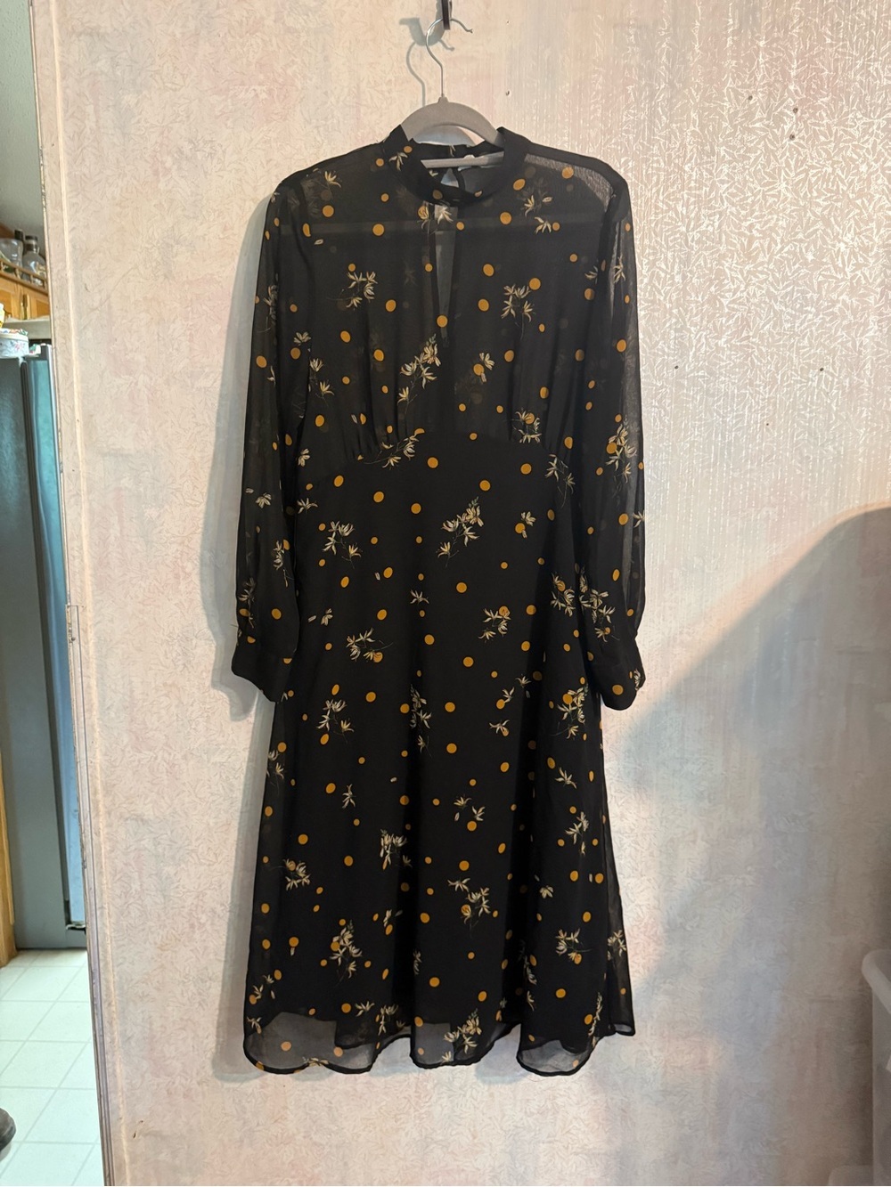 Zara Black Midi Dress with Mustard Polka Dots and Floral Print, Back Zip, Sz Med